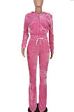 Wholesale-product | Red Women Solid Color Pleuche Casual Hoodie Zipper Wide Leg Pants Sets ED8527-4