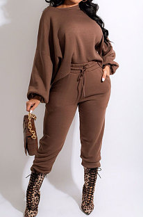 Coffee Modest New Puff Sleeve Irregularity Hoodie Tops Jogger Pants Plain Color Suit CM2165-4