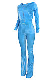 Wholesale-product | Sky Blue Women Solid Color Pleuche Casual Hoodie Zipper Wide Leg Pants Sets ED8527-9