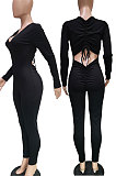 Black New Cotton Blend Long Sleeve Back Drawsting Ruffle Slim Fitting Jumpsuits BBN212-3