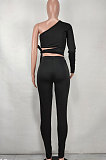 Black Women Solid Color Sexy One Shoulder Tied Dew Waist Bodycon Pants Sets BYQ3111
