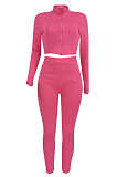 Rose Red Women Pure Color Long Sleeve Zipper Sexy Sport Bodycon Pants Sets ED8528-3
