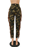 Grass Green Casual Camouflage Printed Hole Tassel Slim Fitting Jean Pants CM2161-2