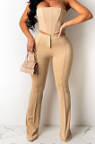 Coffee Sexy Night Club Pure Color Zip Back Strapless Flare Pants Slim Fitting Suit CM2162-1