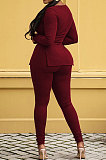 Wine Red Fashion Sexy Long Sleeve Square Neck Slit Tos Skinny Pants Plain Color Sets LSZ91195-3