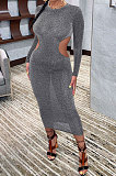 Brown Euramerican Women Fashion Sexy Dew Waist Perspectivity Round Collar Mid Waist Midi Dress ED8530-3