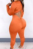 Orange New Cotton Blend Long Sleeve Back Drawsting Ruffle Slim Fitting Jumpsuits BBN212-1