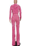 Wholesale-product | Orange Women Solid Color Pleuche Casual Hoodie Zipper Wide Leg Pants Sets ED8527-3
