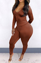 Brown  New Cotton Blend Long Sleeve Back Drawsting Ruffle Slim Fitting Jumpsuits BBN212-5