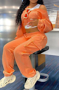 Orange Women Pure Color Casual Zipper Hoodie Top Side Pocket Pants Sets DY6677-3