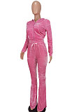 Wholesale-product | Gray Women Solid Color Pleuche Casual Hoodie Zipper Wide Leg Pants Sets ED8527-6