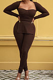 Black Fashion Sexy Long Sleeve Square Neck Slit Tos Skinny Pants Plain Color Sets LSZ91195-1