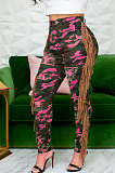 Neon Green Casual Camouflage Printed Hole Tassel Slim Fitting Jean Pants CM2161-4