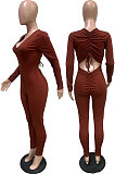 Red New Cotton Blend Long Sleeve Back Drawsting Ruffle Slim Fitting Jumpsuits BBN212-4