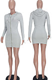 Gray Women Long Sleeve Hoodie Pure Color Zipper Bodycon Ribber Mini Dress ED8529-1