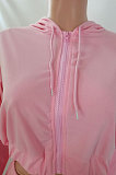Pink Women Pure Color Casual Zipper Hoodie Top Side Pocket Pants Sets DY6677-1