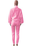 Pink Women Fleece Velvet Pure Color Long Sleeve Zipper Sport Casual Pants Sets NK265-2