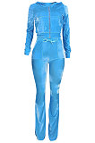 Wholesale-product | Purple Women Solid Color Pleuche Casual Hoodie Zipper Wide Leg Pants Sets ED8527-5