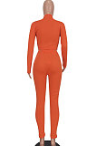Orange Women Pure Color Long Sleeve Zipper Sexy Sport Bodycon Pants Sets ED8528-1