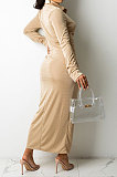 Khaki Women Fashion Sexy Long Sleeve Solid Color Shirred Detail Single-Breasted Tight T Shirt/Shirt Dress DY6950-1