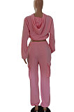 Pink Women Pure Color Casual Zipper Hoodie Top Side Pocket Pants Sets DY6677-1