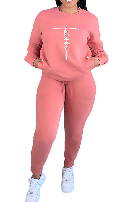 Pink Women Letters Printing Solid Color Pullover Pants Sets DY66301-1