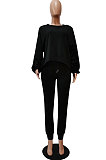 Coffee Modest New Puff Sleeve Irregularity Hoodie Tops Jogger Pants Plain Color Suit CM2165-4