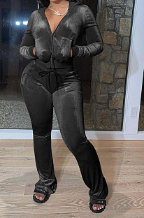 Black Women Solid Color Pleuche Casual Hoodie Zipper Wide Leg Pants Sets ED8527-7
