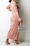 Pink Women Fashion Sexy Long Sleeve Solid Color Shirred Detail Single-Breasted Tight T Shirt/Shirt Dress DY6950-2