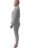 Gray Women Fleece Velvet Pure Color Long Sleeve Zipper Sport Casual Pants Sets NK265-3