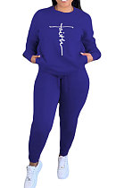 Blue Women Letters Printing Solid Color Pullover Pants Sets DY66301-5