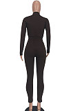 Coffee Women Pure Color Long Sleeve Zipper Sexy Sport Bodycon Pants Sets ED8528-5