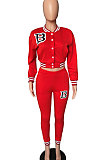 Red Modest Sports Webbing Spliced Letter Printed Long Sleeve Jaket Coat Skinny Pants Baseball Uniform Sets WM21011-2