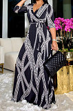 Blue Purple Fashion Luxe Design Printed Half Sleeve Collect Waist Swing For Party Maxi Dress X9330-2
