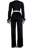 Khaki Women Sexy Deep V Collar Pure Color High Waist Hollow Out Spliced Pants Sets KA7214-2