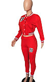 Brown Modest Sports Webbing Spliced Letter Printed Long Sleeve Jaket Coat Skinny Pants Baseball Uniform Sets WM21011-5