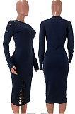 Navy Blue Night Club Women's Long Sleeve Round Neck Hollow Out Bodycon Dress YX9043-2
