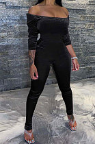 Black Women Velvet A Word Shoulder Sexy Mid Waist Bodycon Jumpsuits ED8536-3