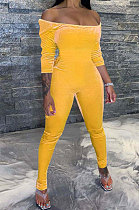 Yellow Women Velvet A Word Shoulder Sexy Mid Waist Bodycon Jumpsuits ED8536-1