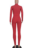 Red Women Solid Color High Collar Ribber Irregular Top Pants Sets ED8531-2