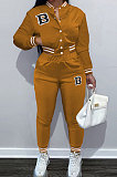 Brown Modest Sports Webbing Spliced Letter Printed Long Sleeve Jaket Coat Skinny Pants Baseball Uniform Sets WM21011-5