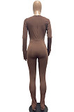 Wine Red Women Solid Color Casual Round Collar Long Sleeve Hollow Out Ruffle Sleeve Split Bodycon Jumpsuits JP1055-2