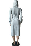 Light Grey Preppy Casual Long Sleeve Drawsting Bandage Slit Hoodie Dress WM21104-2