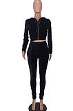 Black Euramerican Women Pure Color Fashion Pleuche Hoodie Coat Zipper Pants Sets ED8535-1