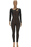 Black Sexy Night Club See-Through Long Sleeve Solid Color Bodycon Jumpsuits YT3292-1