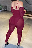 Red Women Sexy Strapless Condole Belt Solid Color Long Sleeve Perspectivity Bodycon Jumpsuits KA7216-2