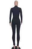 Black Women Solid Color High Collar Ribber Irregular Top Pants Sets ED8531-3