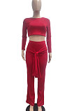 Black Women Trendy Pure Color Round Collar Long Sleeve Crop Bandage Loose Pants Sets JP1053-1