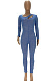 Blue Sexy Night Club See-Through Long Sleeve Solid Color Bodycon Jumpsuits YT3292-3
