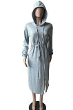 Light Grey Preppy Casual Long Sleeve Drawsting Bandage Slit Hoodie Dress WM21104-2